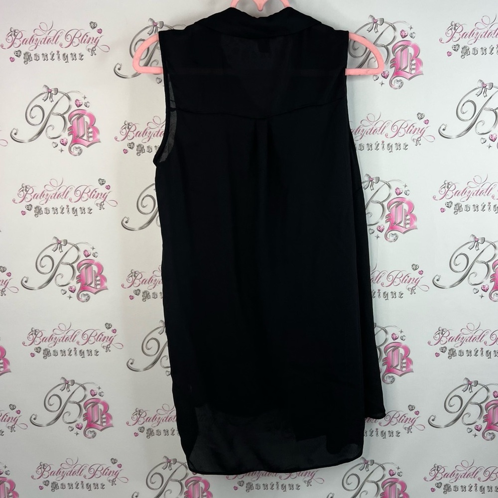 Lava tank top long mini dress button up Black Sleeveless Top collared pockets - Picture 2 of 9